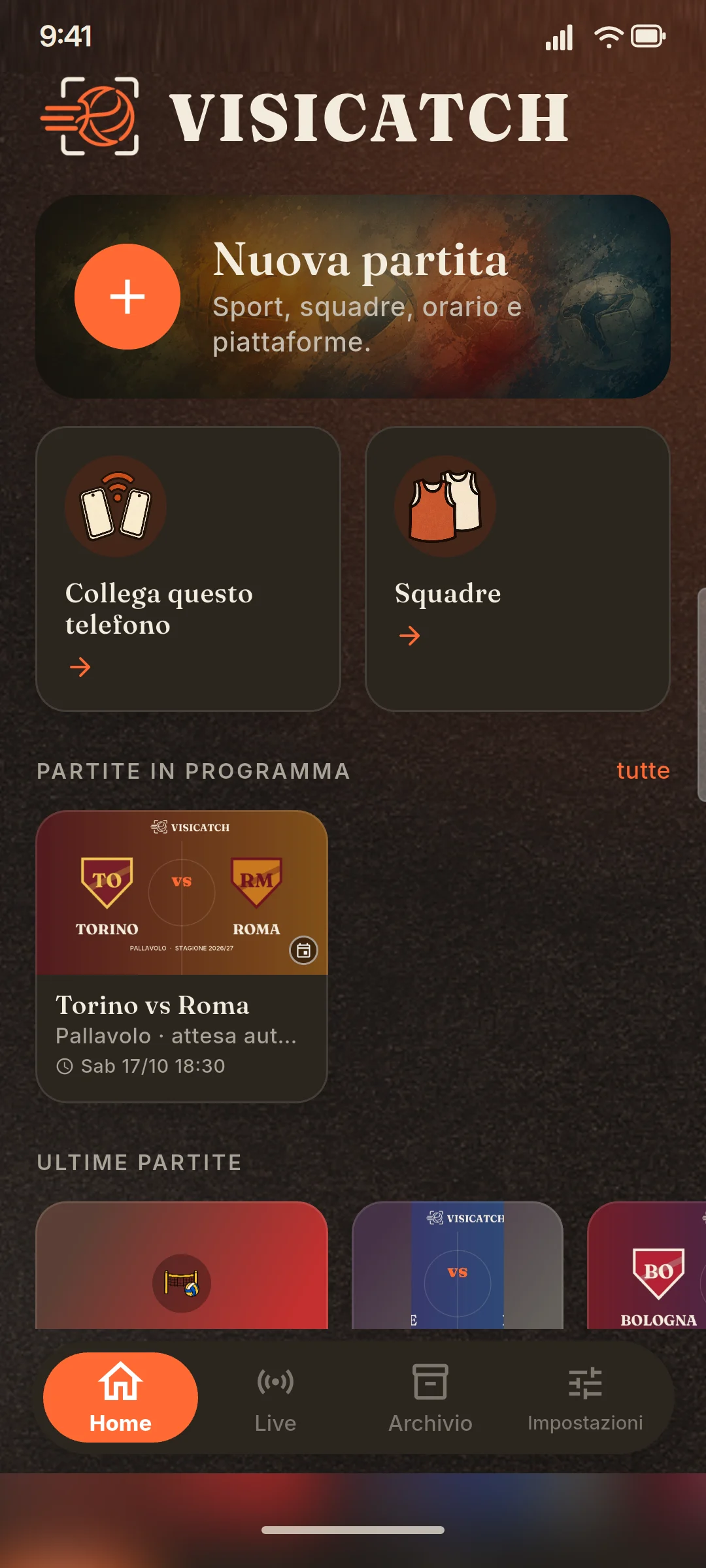 Home con partite in programma e partite già riprese (dati di esempio, nomi di squadre inventati).