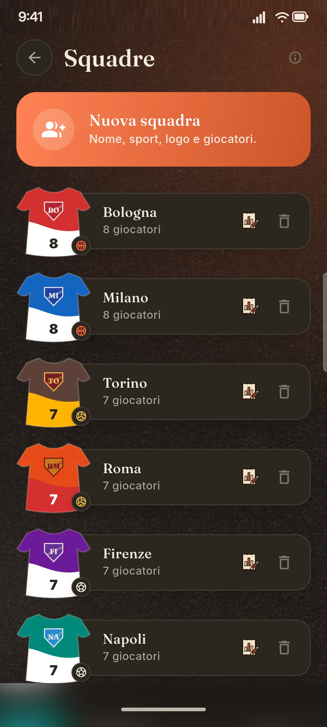 Rosa con numeri di maglia, colori e stemma (giocatori inventati).