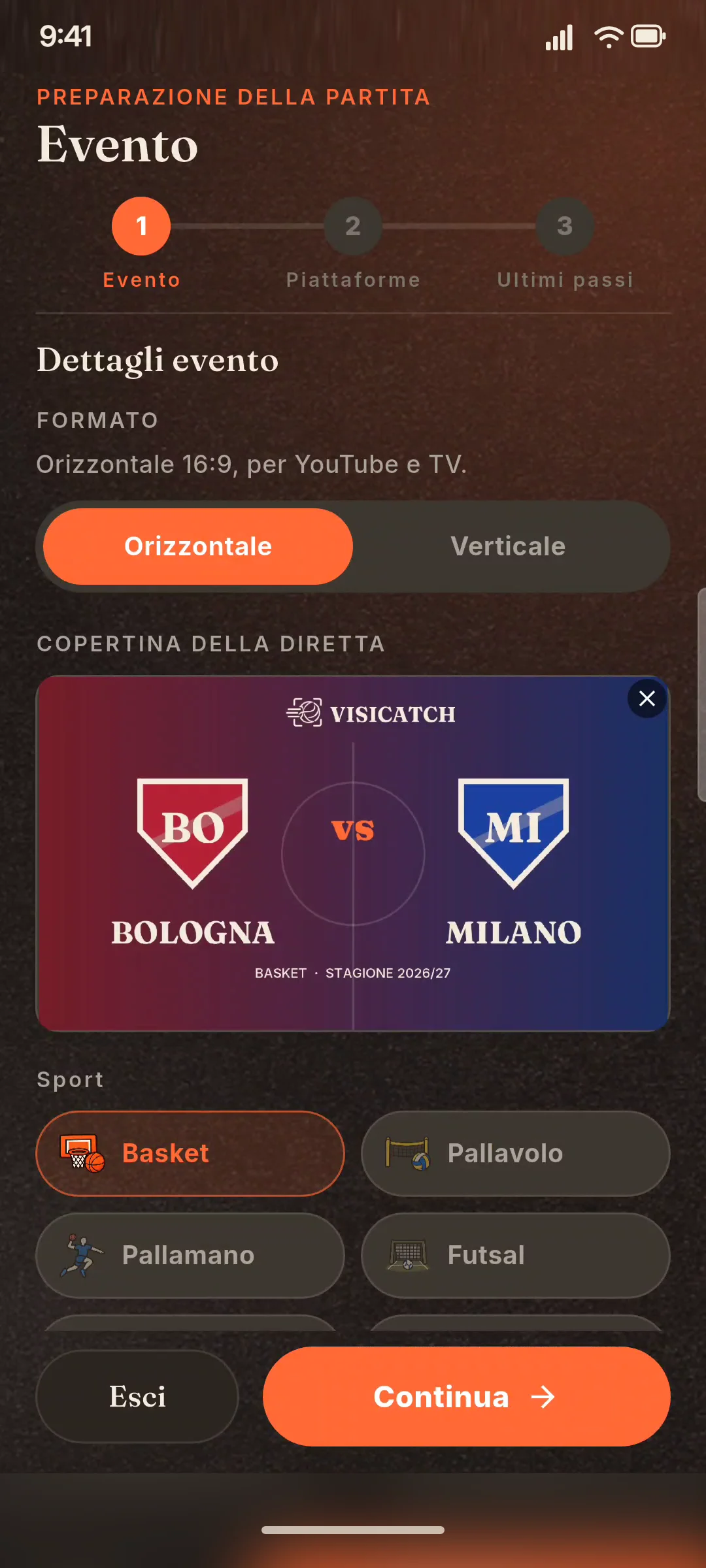 Il passaggio del wizard in cui si sceglie YouTube, Twitch, Facebook o RTMP.